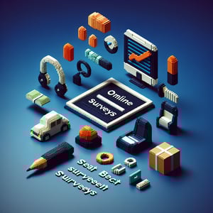 3D voxel art depicting online seat belt survey concept on a dark blue background.