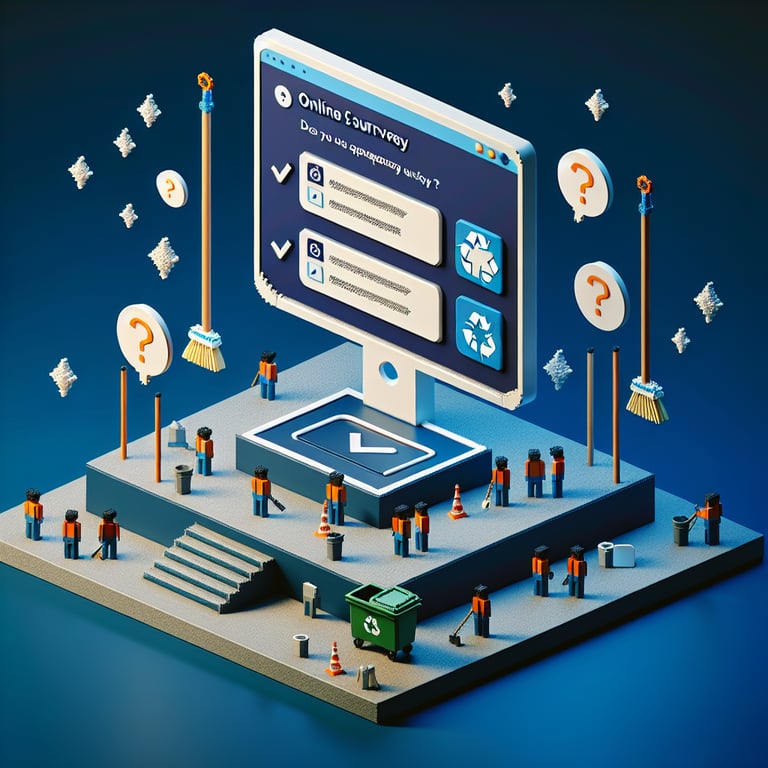 3D voxel art depicting online surveys, symbolizing Clean India survey queries on a dark blue background.