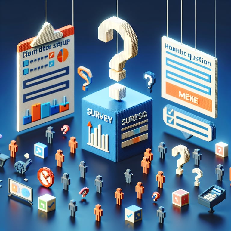 3D voxel art depicting the concept of post-workshop survey questions on a dark blue background.