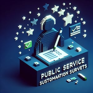 3D voxel art depicting online survey concept on a dark blue background.