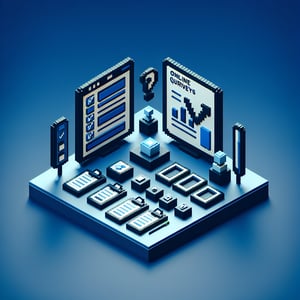 3D voxel art depicting online surveys with a dark blue background.