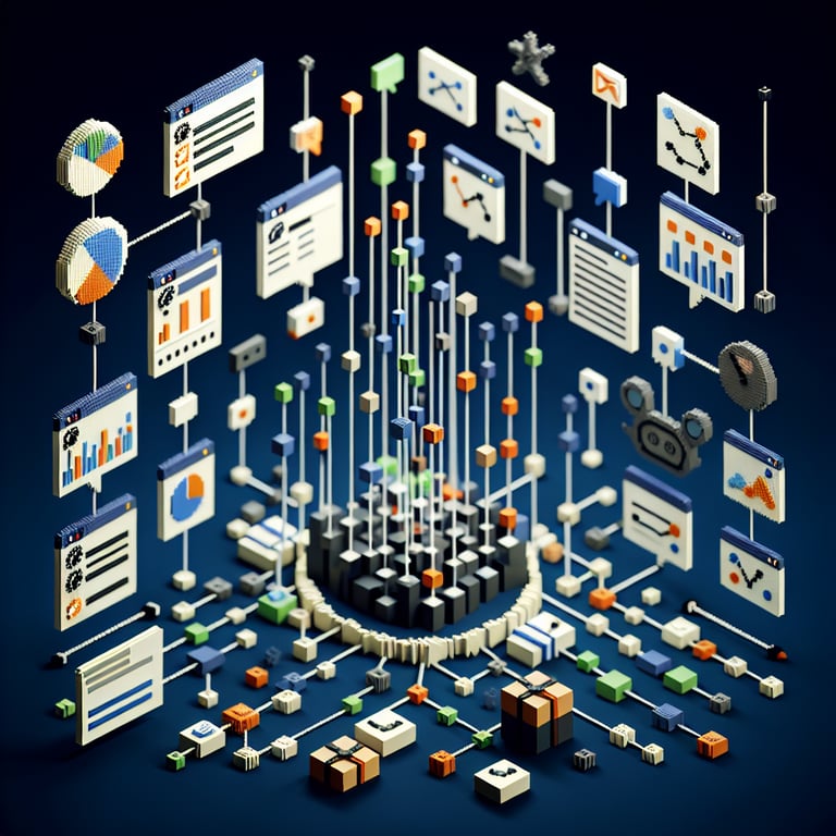 Creative 3D voxel network illustrating survey insights and connectivity
