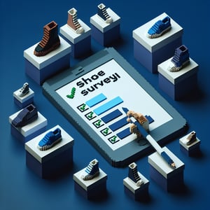 3D voxel art depicting online shoe surveys, with a dark blue background.