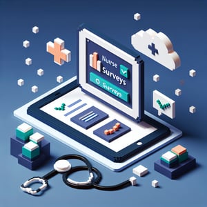 3D voxel art depicting online nurse retention survey concept on a dark blue background.