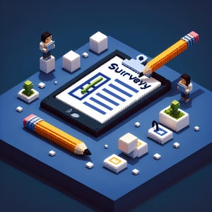 3D voxel art depicting online class surveys with a dark blue background, without any text or logos.