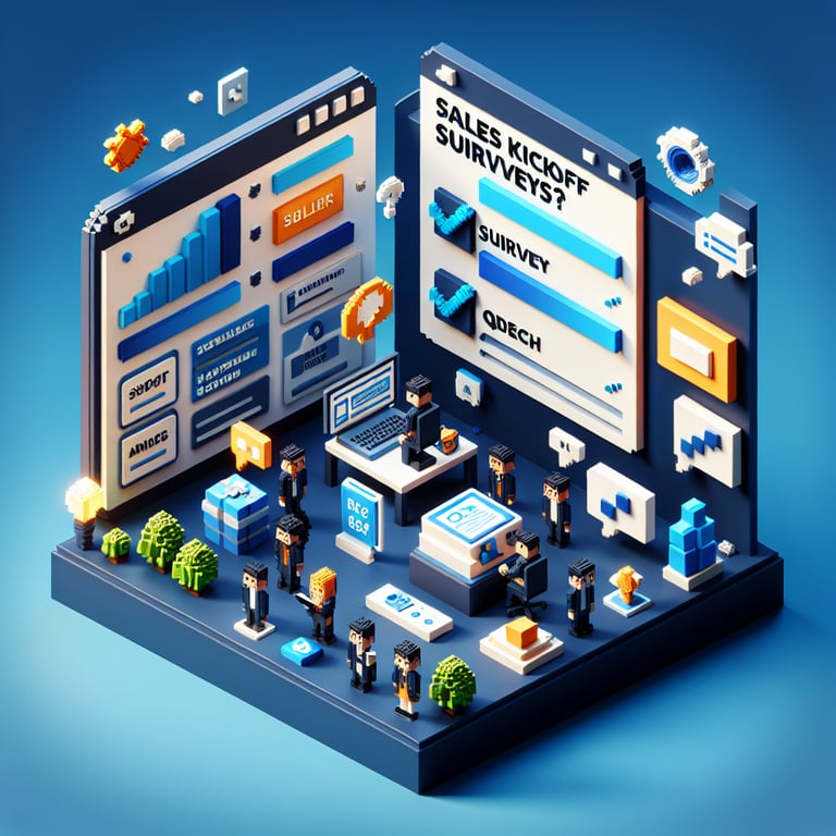 3D voxel art depicting an online survey concept, set against a dark blue background for a sales kick-off.