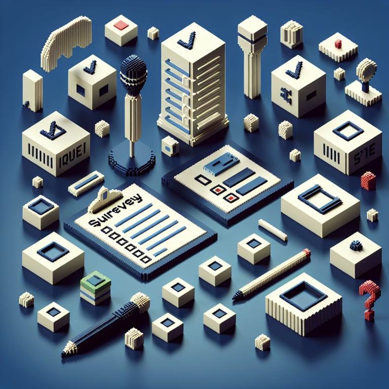 3D voxel art depicting online surveys with a dark blue background, symbolizing pilot program survey questions.
