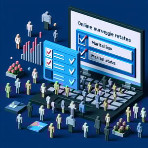 3D voxel art depicting online marital status surveys with a dark blue background.