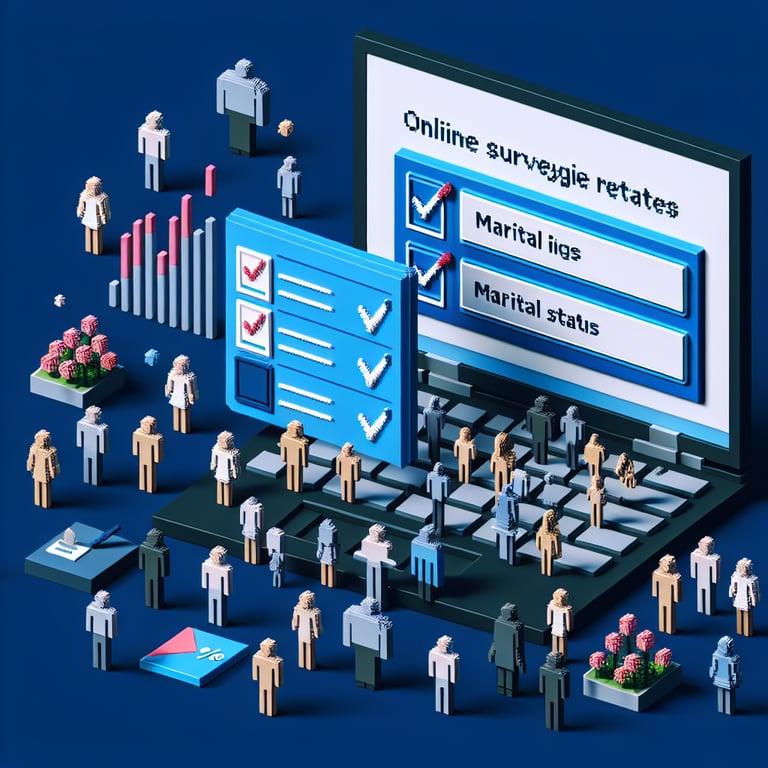 3D voxel art depicting online marital status surveys with a dark blue background.