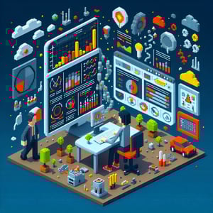 3D voxel art depicting online air pollution survey concept on a dark blue background.