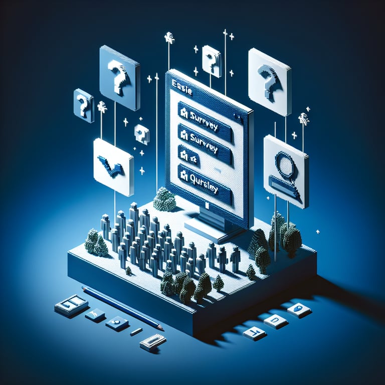3D voxel art depicting the concept of online program evaluation surveys on a dark blue background.