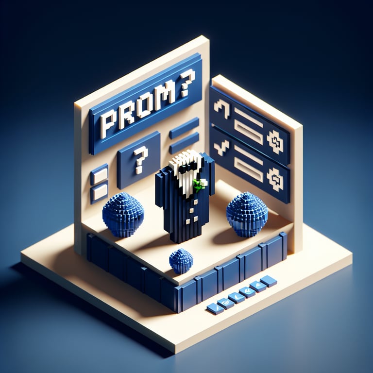 3D voxel art depicting online prom survey concept on a dark blue background.