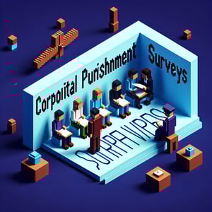 3D voxel art illustrating online corporal punishment surveys on a dark blue background.