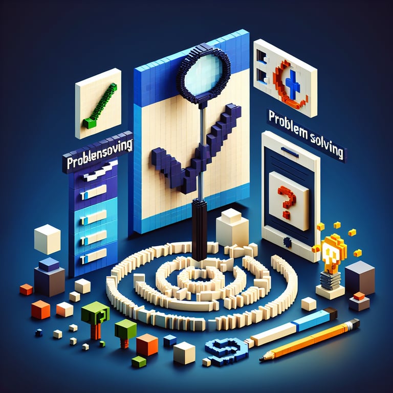 3D voxel art portraying online problem-solving survey process on a dark blue background.