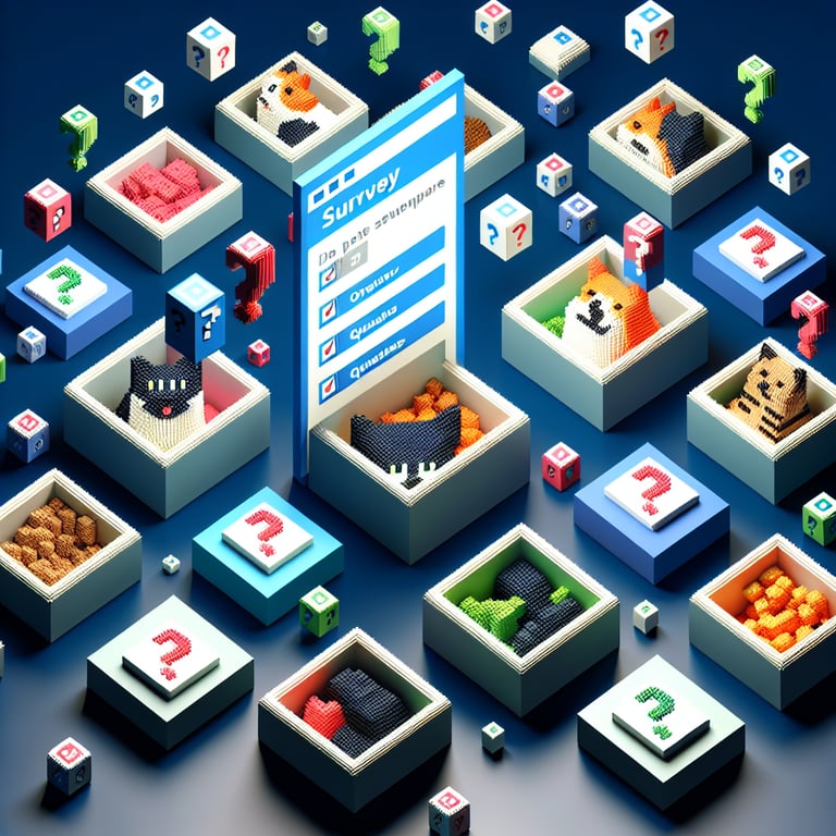 3D voxel art depicting online pet food survey concept on a dark blue background.