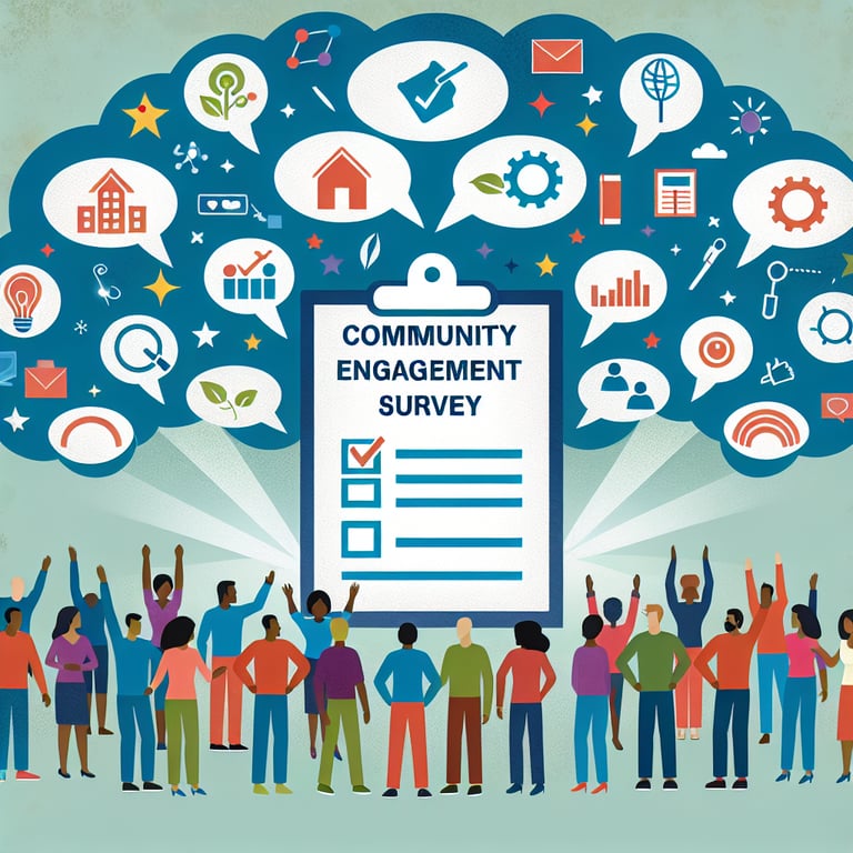 Illustration depicting engaging topics for Community Engagement survey questions.