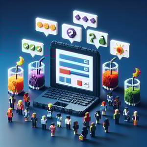3D voxel art depicting online juice survey process on a dark blue background.