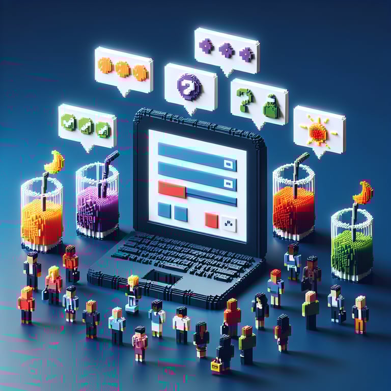 3D voxel art depicting online juice survey process on a dark blue background.