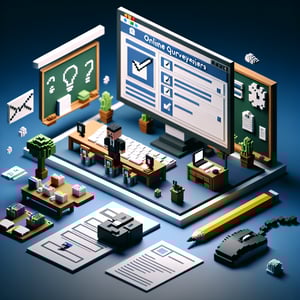 3D voxel art depicting online teacher surveys with a dark blue background.
