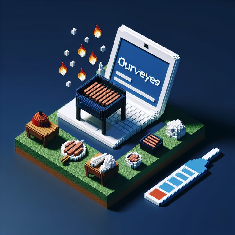 3D voxel art depicting online BBQ surveys with a dark blue background.