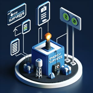 3D voxel art depicting online energy surveys, featuring a dark blue background.