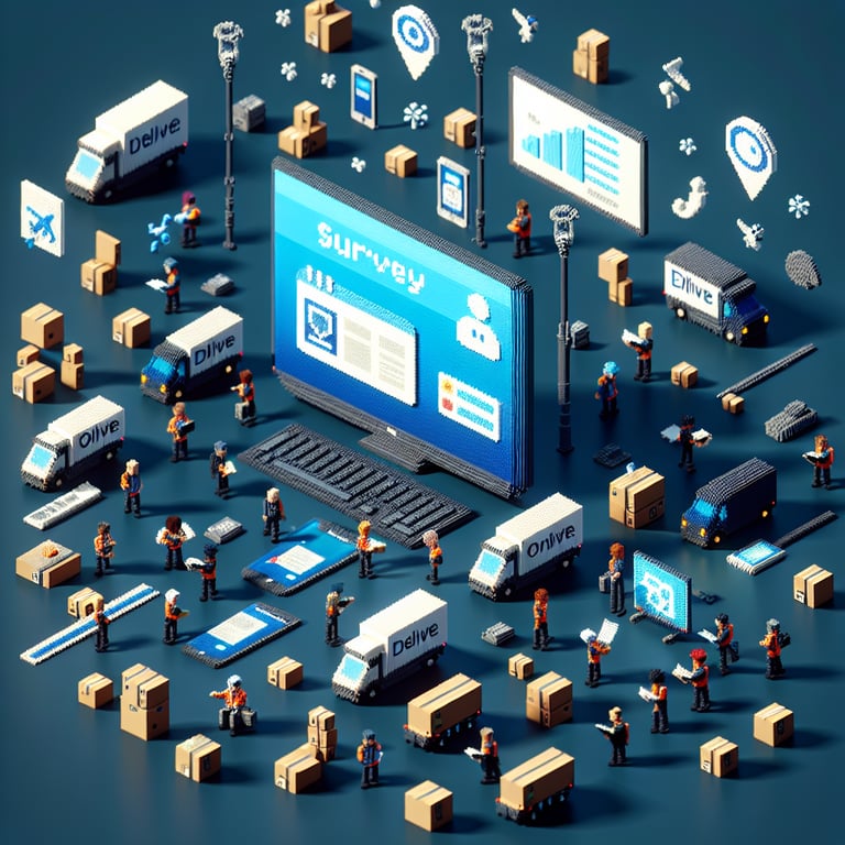 3D voxel art depicting online surveys concept, set against a dark blue background for a delivery company.