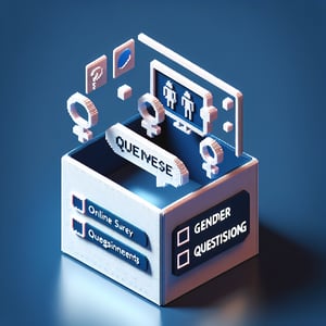 3D voxel art depicting online gender questioning survey, with dark blue background.