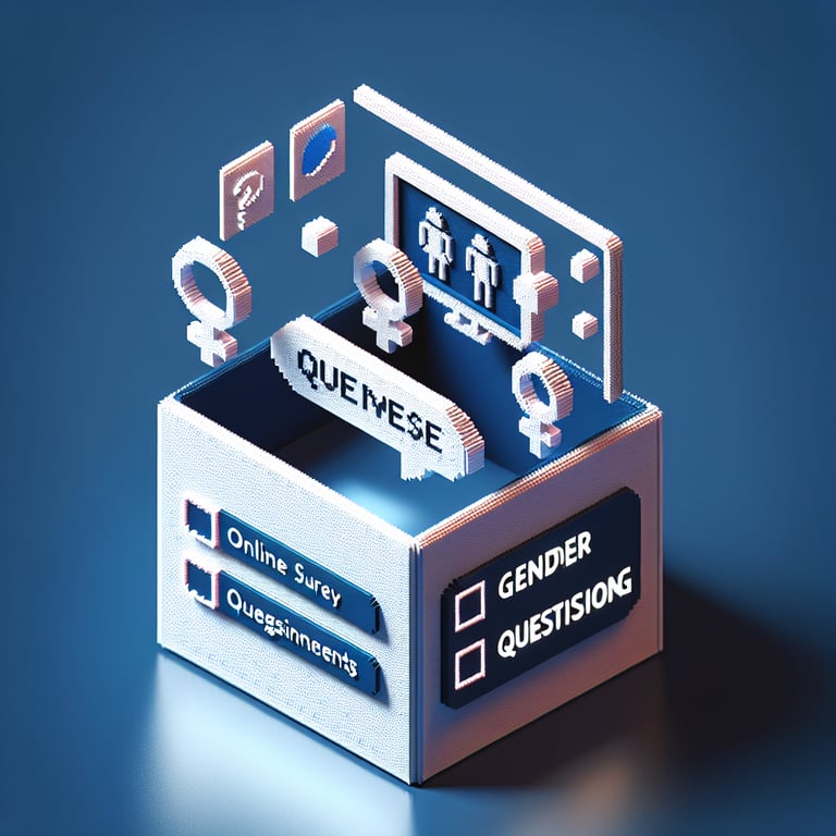3D voxel art depicting online gender questioning survey, with dark blue background.
