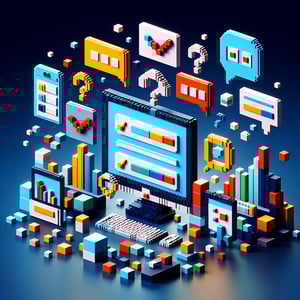 3D voxel art illustrating the concept of online surveys on a dark blue background for b heard.