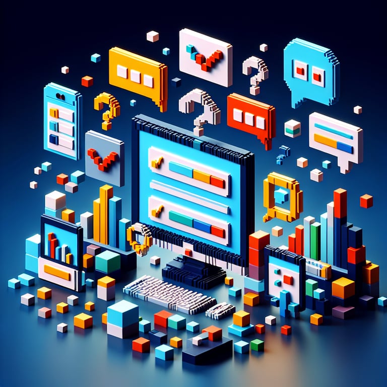 3D voxel art illustrating the concept of online surveys on a dark blue background for b heard.