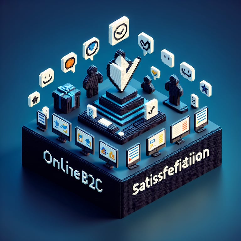 3D voxel art showcasing online survey concept on a dark blue background for B2B customer satisfaction.