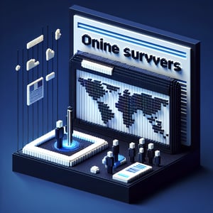3D voxel art depicting online surveys, with a focus on country of origin, against a dark blue background.