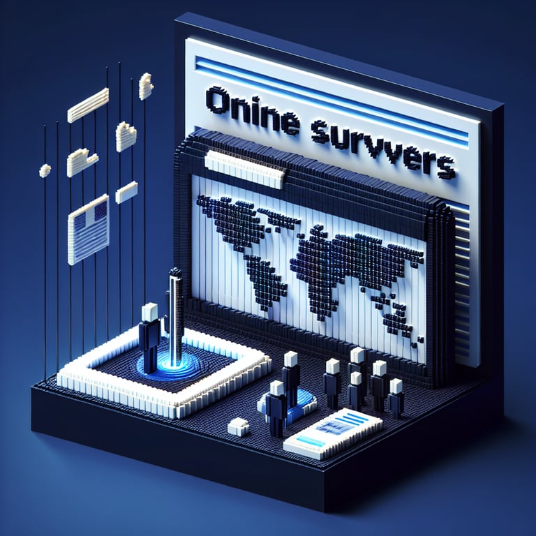 3D voxel art depicting online surveys, with a focus on country of origin, against a dark blue background.