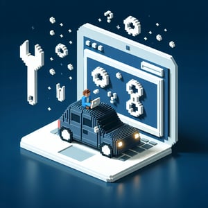 3D voxel art depicting the concept of online auto repair surveys on a dark blue background.