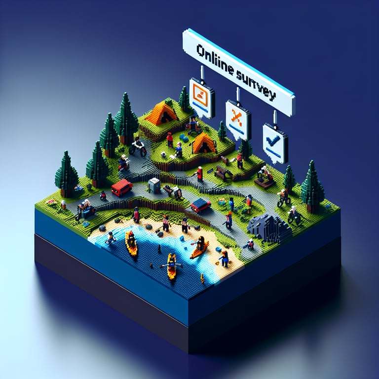 3D voxel art depicting online surveys related to outdoor activities on a dark blue background.