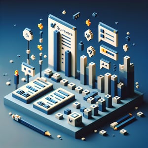 3D voxel art depicting online surveys and questions on a dark blue background.