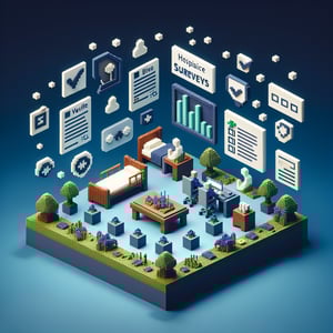 3D voxel art depicting online hospice satisfaction surveys on a dark blue background.