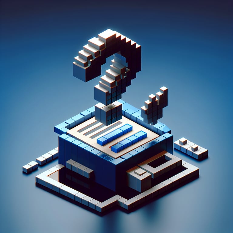 3D voxel art depicting online ignorance survey with dark blue background.