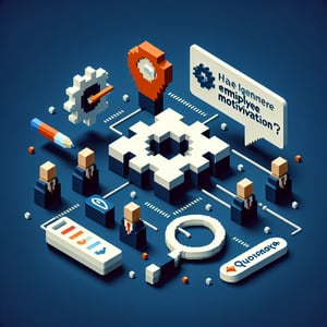 3D voxel art depicting online employee motivation surveys on a dark blue background.