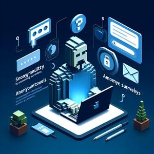 3D voxel art depicting online anonymous employee surveys on a dark blue background.