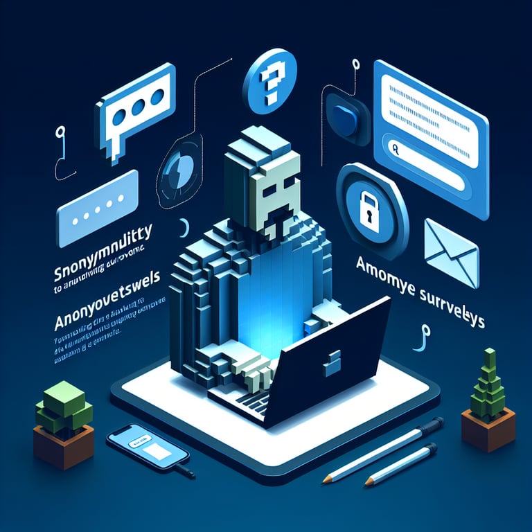 3D voxel art depicting online anonymous employee surveys on a dark blue background.