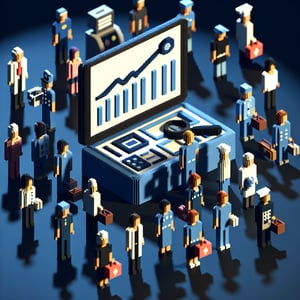3D voxel art illustrating online shift work surveys on a dark blue background.