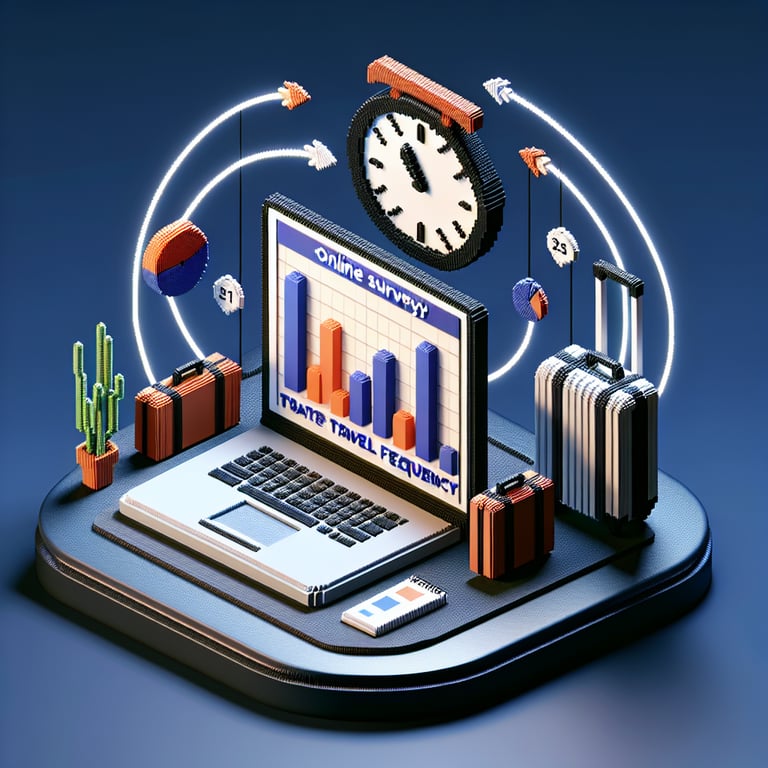 3D voxel art depicting the concept of 'how often do you travel' surveys on a dark blue background.