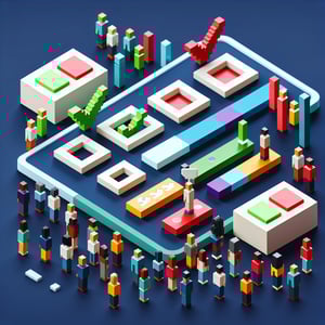 3D voxel art depicting online surveys, with a dark blue background, representing CDC survey questions.