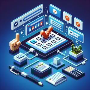 3D voxel art depicting online surveys, set against a dark blue background, symbolizing new customer queries.