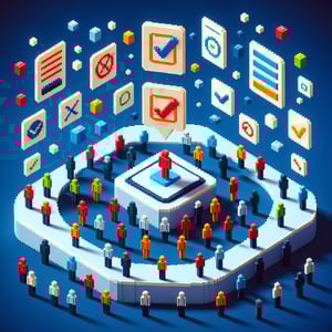 3D voxel art depicting online surveys on social issues, set against a dark blue background.