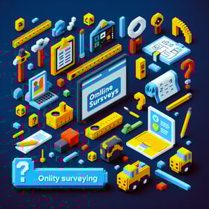 3D voxel art depicting online survey concept on a dark blue background, representing ce6704 estimation and quantity surveying.