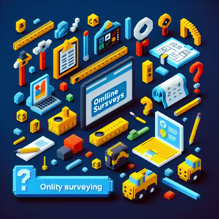 3D voxel art depicting online survey concept on a dark blue background, representing ce6704 estimation and quantity surveying.