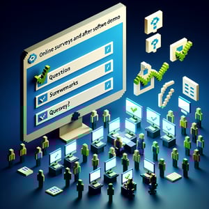 3D voxel art depicting online surveys with a dark blue background, symbolizing post software demo questions.