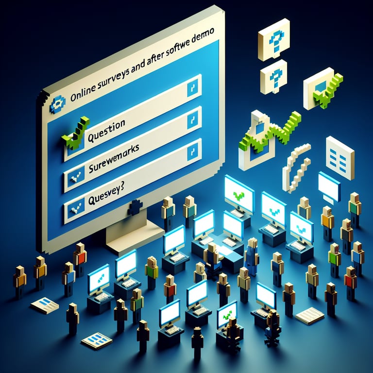 3D voxel art depicting online surveys with a dark blue background, symbolizing post software demo survey questions